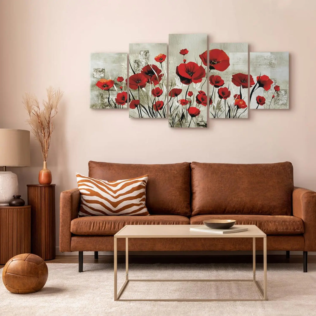 Glezna ar sarkanam magonēm uz silti pelēka fona - Rubīna lauks ART XL