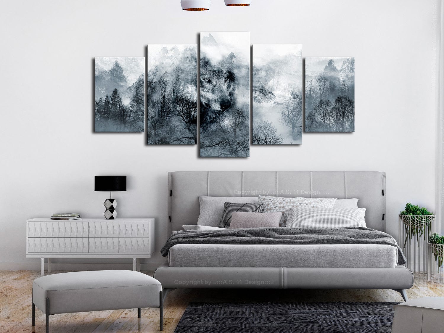 Glezna ar vilku un mežu pelēkos toņos - Kalnu plēsējs, (x 5), 108463 G-ART