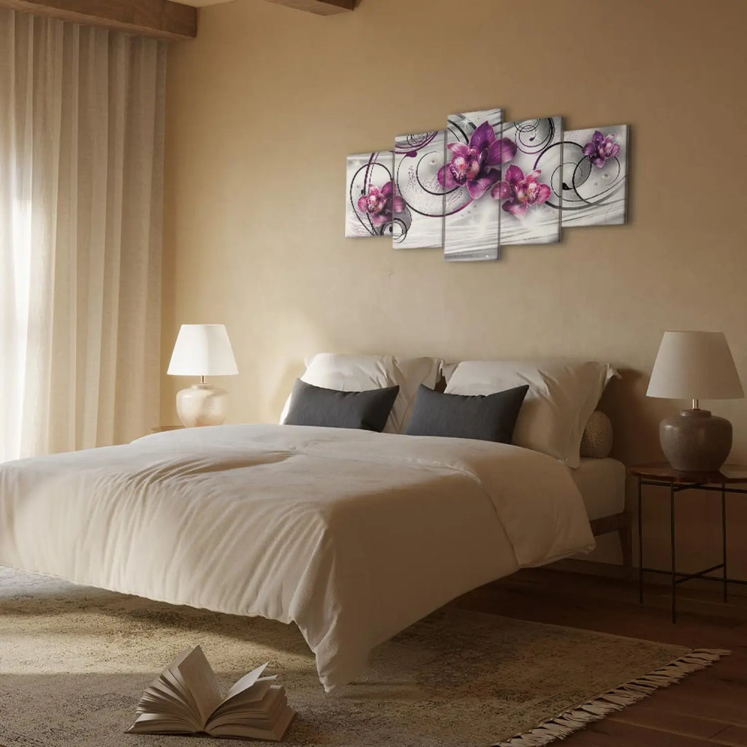 Glezna ar violetam orhidejām uz abstrakta pelēka fona, (x5), 56203 ART XL