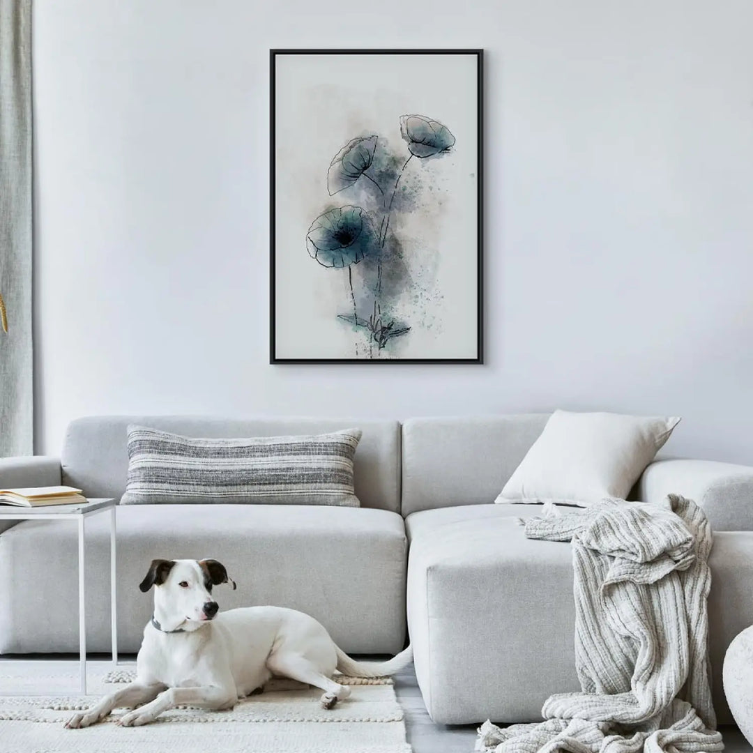 Kanva ar ziediem - abstraktas zilas magones, zilgāni pelēkā ART XL