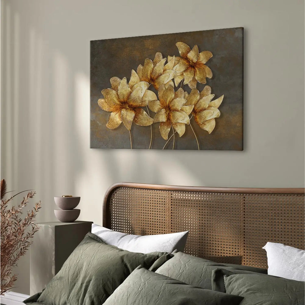 Glezna ar zīmētiem ziediem uz vintāžas fona, brūna, zelta ART XL