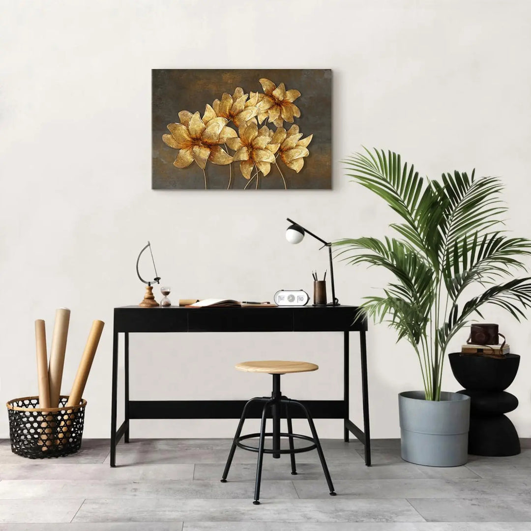 Glezna ar zīmētiem ziediem uz vintāžas fona, brūna, zelta ART XL