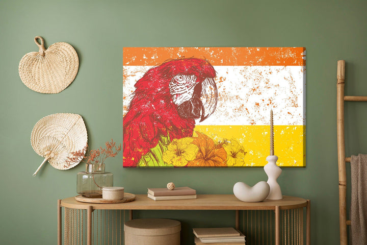 Kanva - Ara papagailis ar ziediem retro stilā, N-2787 X-ART
