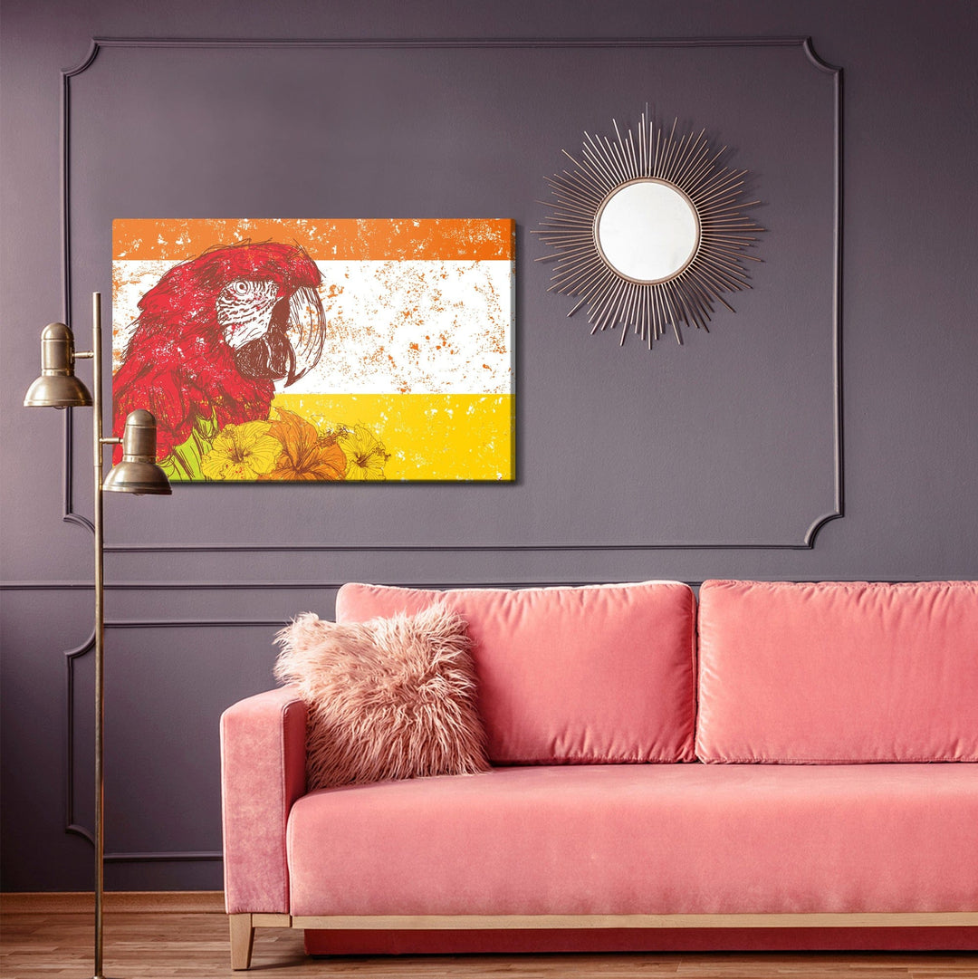 Kanva - Ara papagailis ar ziediem retro stilā, N-2787 X-ART