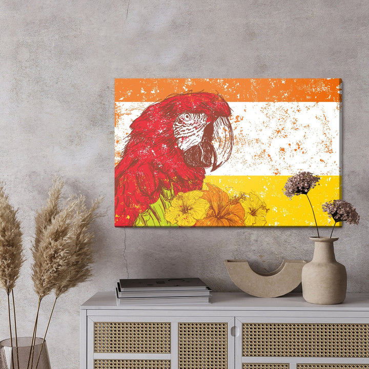 Kanva - Ara papagailis ar ziediem retro stilā, N-2787 X-ART
