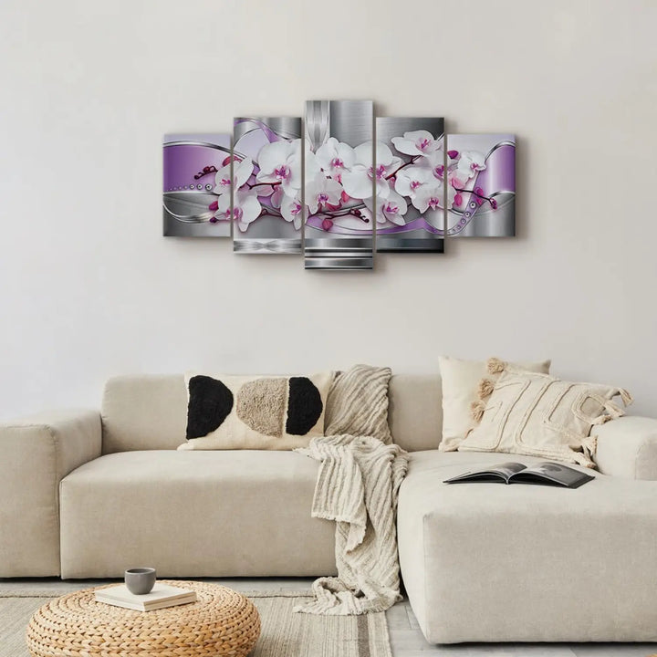 Glezna - Baltas orhidejas uz pelēka un violeta fona, 51243 ART XL