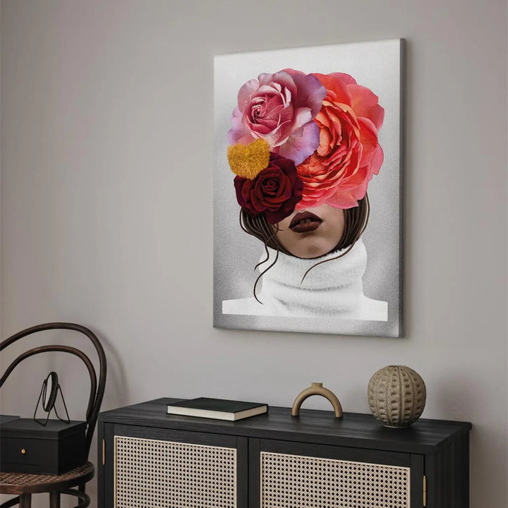 Glezna - Peonijas un rozes, sedz sievietes seju, abstrakts portrets ART XL