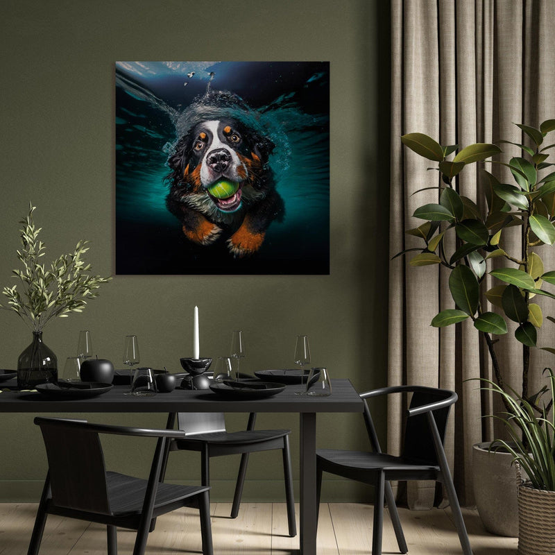 Glezna - Bernes ganu suns, peldošs suns ar bumbu mutē, 150182 Tapetenshop.lv