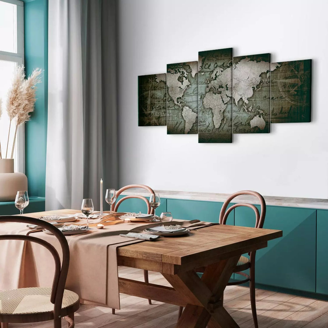 Glezna ar vintāžas pasaules karti - Ceļojumu gars, zaļgani pelēkā ART XL