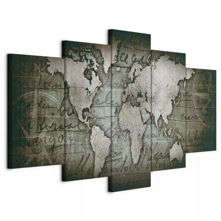 Glezna ar vintāžas pasaules karti - Ceļojumu gars, zaļgani pelēkā ART XL