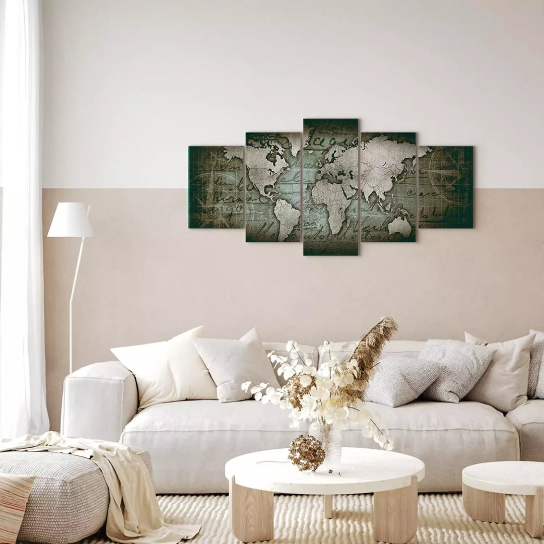 Glezna ar vintāžas pasaules karti - Ceļojumu gars, zaļgani pelēkā ART XL