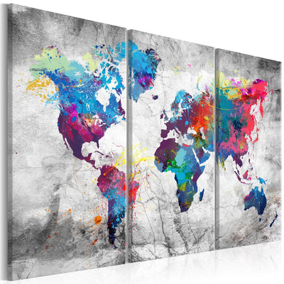 Glezna – Daudzkrāsaina pasaules karte uz pelēka fona, (x3), 97483 G-ART