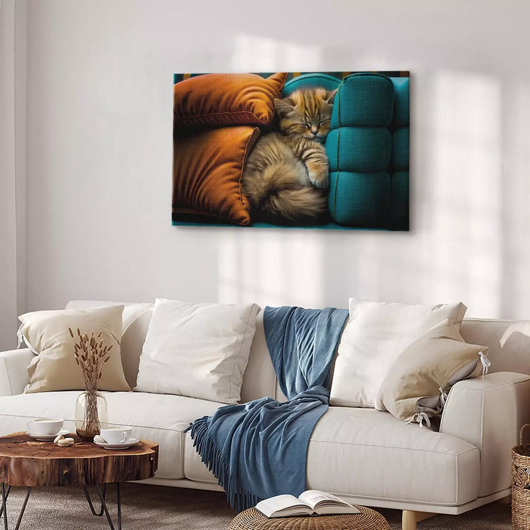 Glezna - Jauks kaķis guļ starp mīkstiem spilveniem - 150185 ART XL