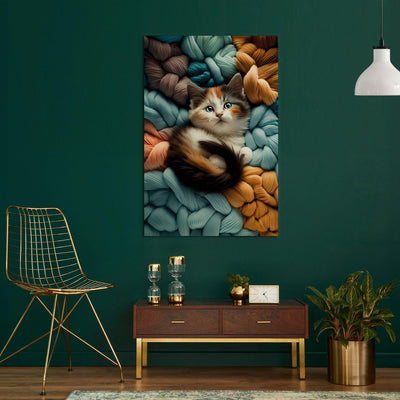 Glezna - Kaķēns atpūšas uz daudzkrāsainas dzijas, 150094🎨🐾 Tapetenshop.lv