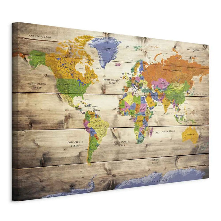 Glezna -  Krāsainas pasaules karte uz koka tekstūras | uz audekla ART XL