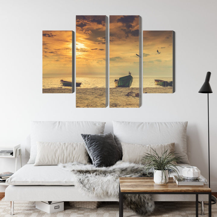 4 daļu kanva: Laivas pludmalē saulrietā X-ART