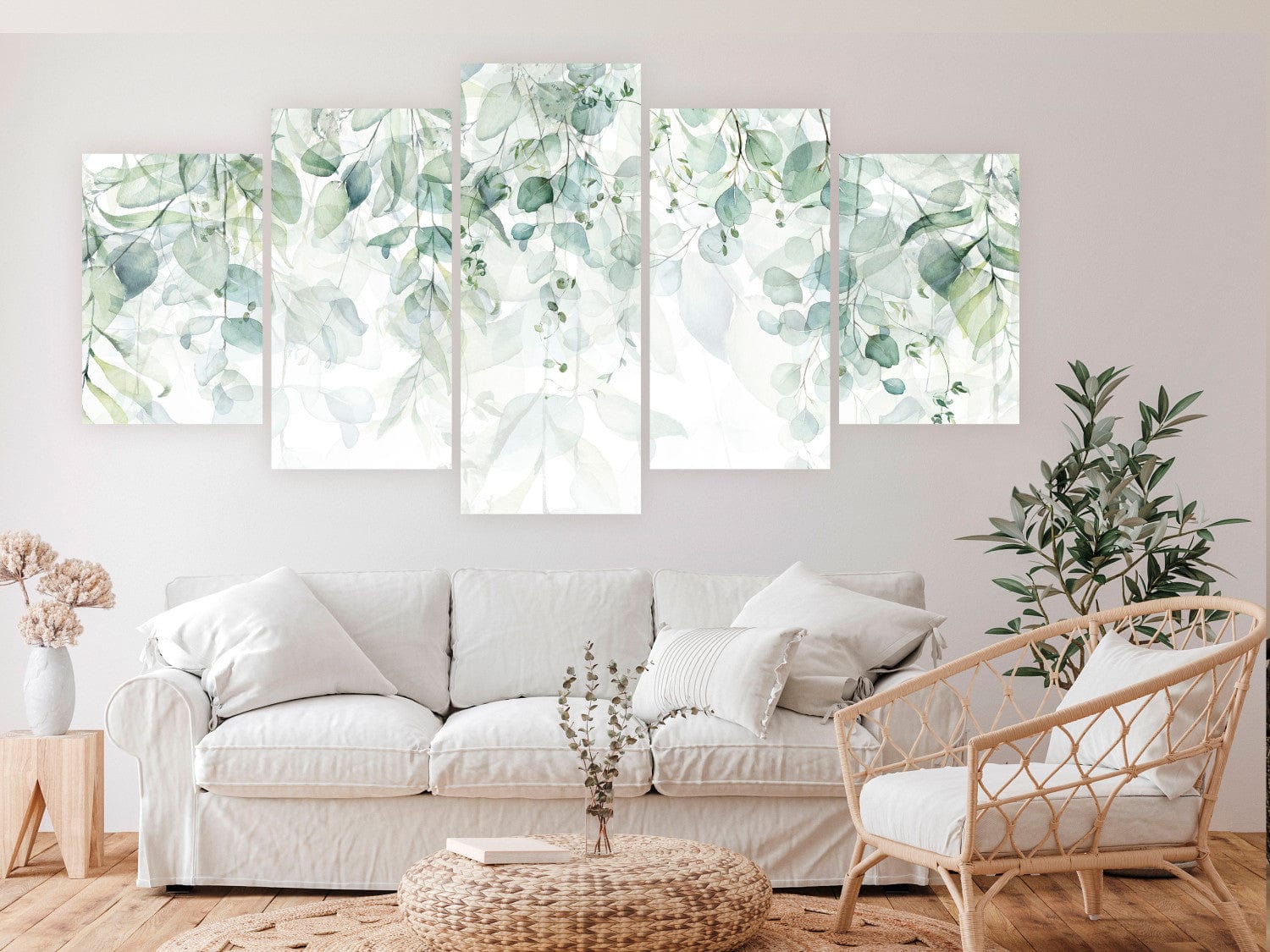 Glezna - Lapas pasteļtoņos, smalkas zaļas lapas uz balta fona, 151422 G-ART