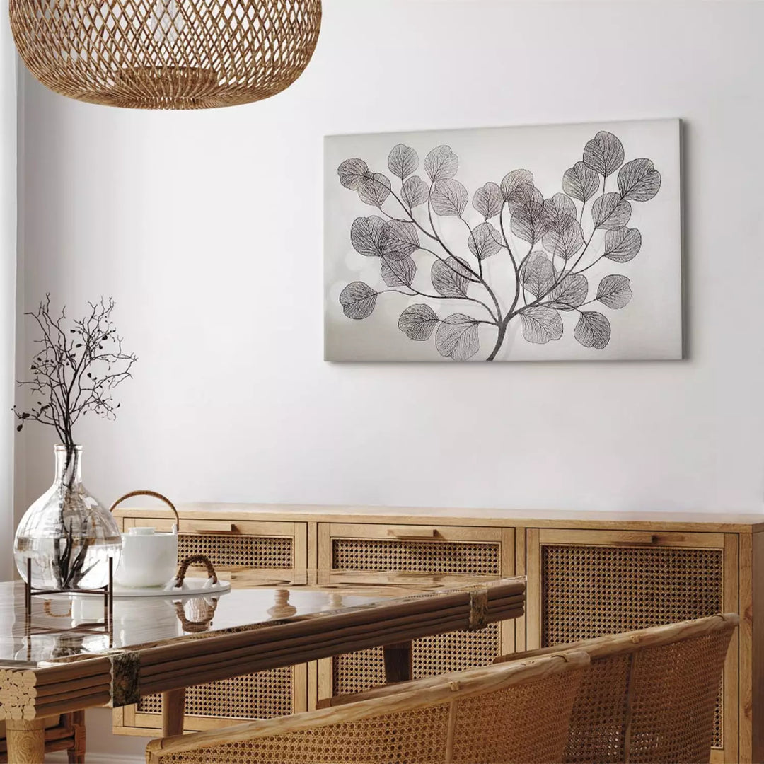 Melnbalta glezna ar eikalipta lapām - gaiša kanva, mājokļa dekors ART XL