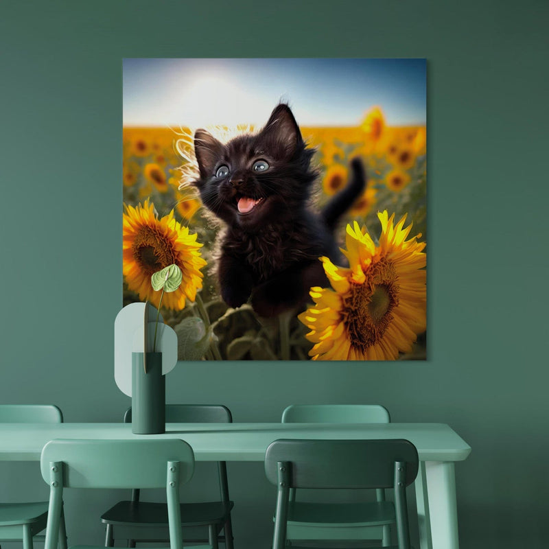 Kanva - Melns kaķis dejo saulespuķu laukā saules staros, 150106 G-ART