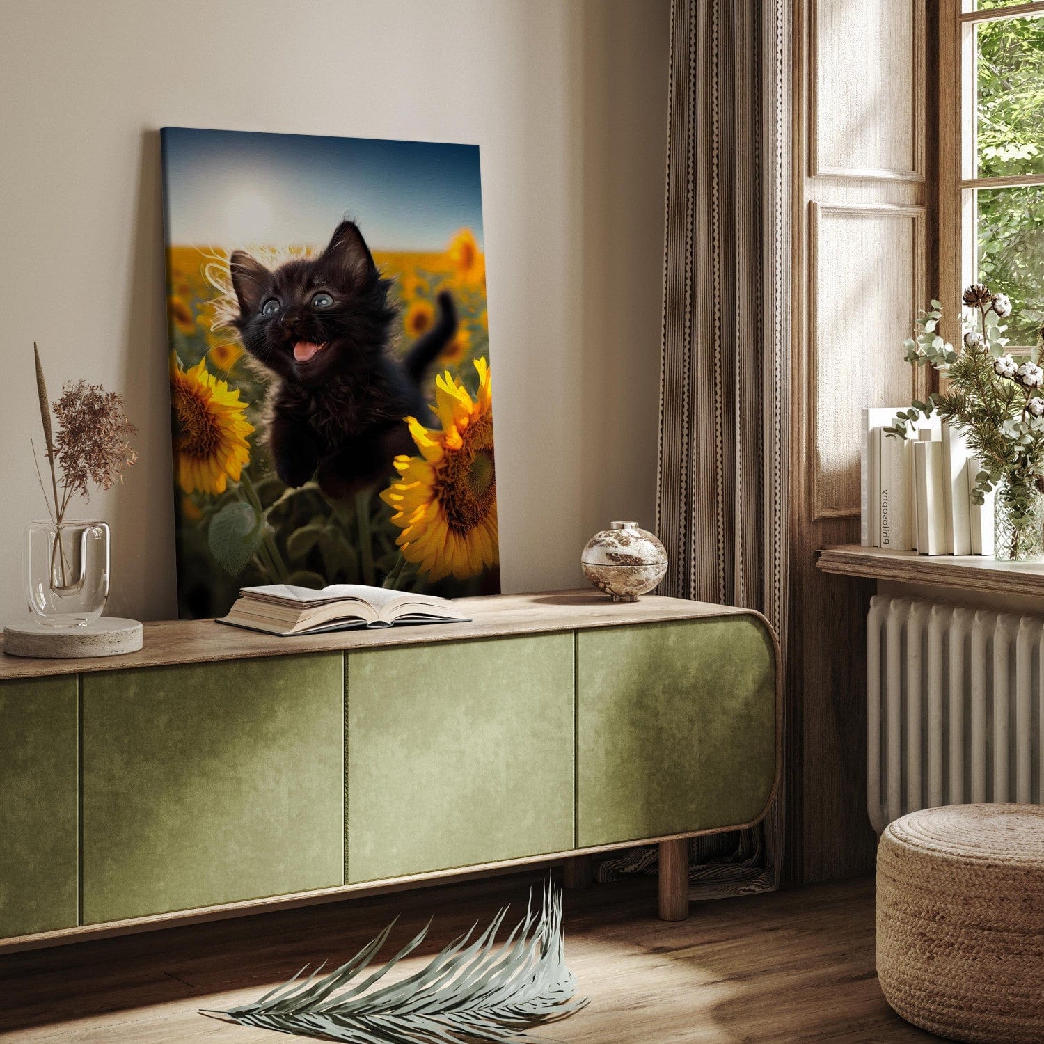 Glezna ar melno kaķi kas dejo saulespuķu laukā saules staros, 150122 G-ART