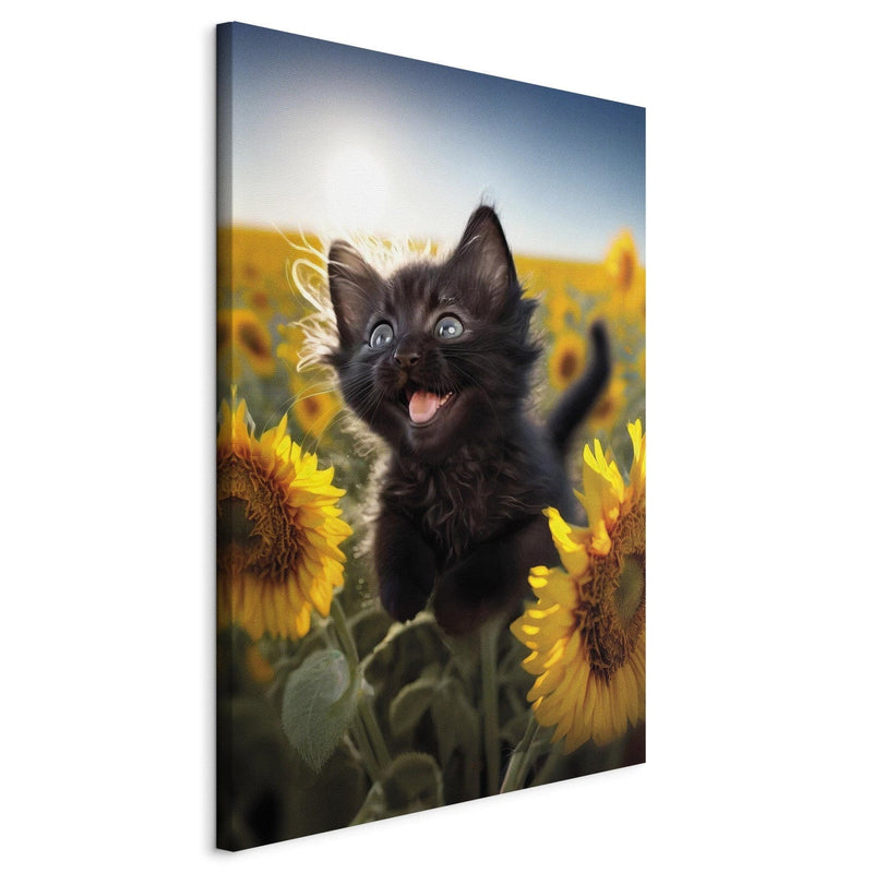 Glezna - Melns kaķis dejo saulespuķu laukā saules staros, 150122 Tapetenshop.lv