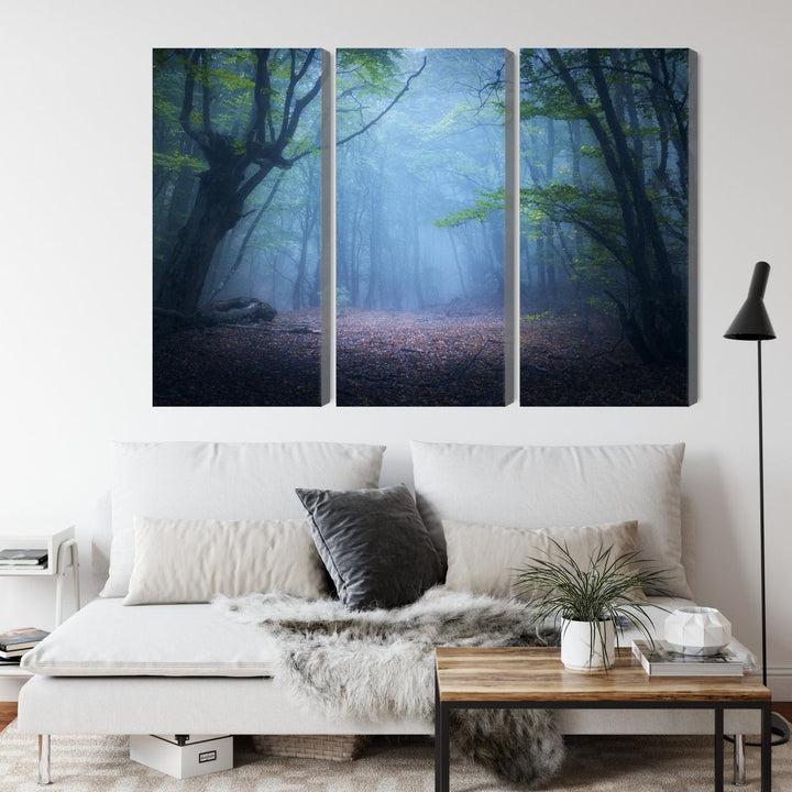 3 daļu kanva: Meža ainava miglā, zila X-ART