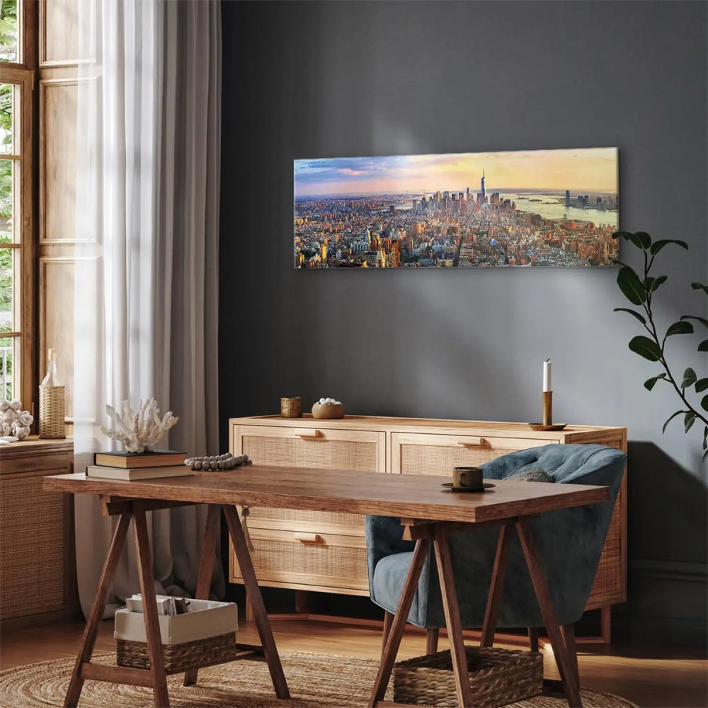 Kanva - Ņujorkas panorāma no putnu līdojuma, zila, dzeltena, 93038 ART XL