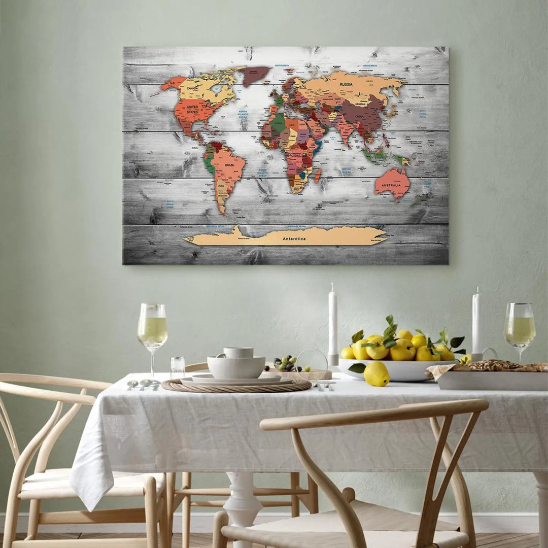 Glezna - Pasaules karte: Jauni virzieni, uz pelēka koka, 90260 ART XL