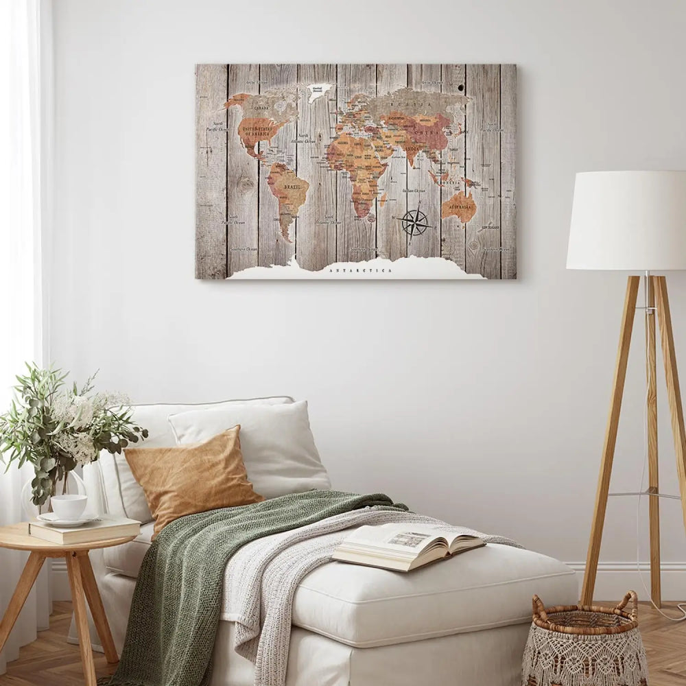 Glezna - Brūna pasaules karte koka uz silti pelēka koka faktūras ART XL