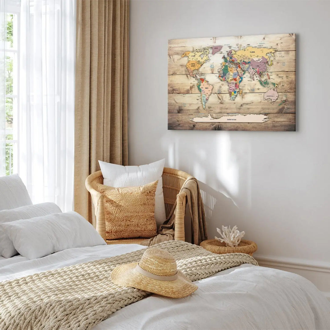 Glezna - Pasaules karte uz dabīga koka: Krāsaini kontinenti ART XL