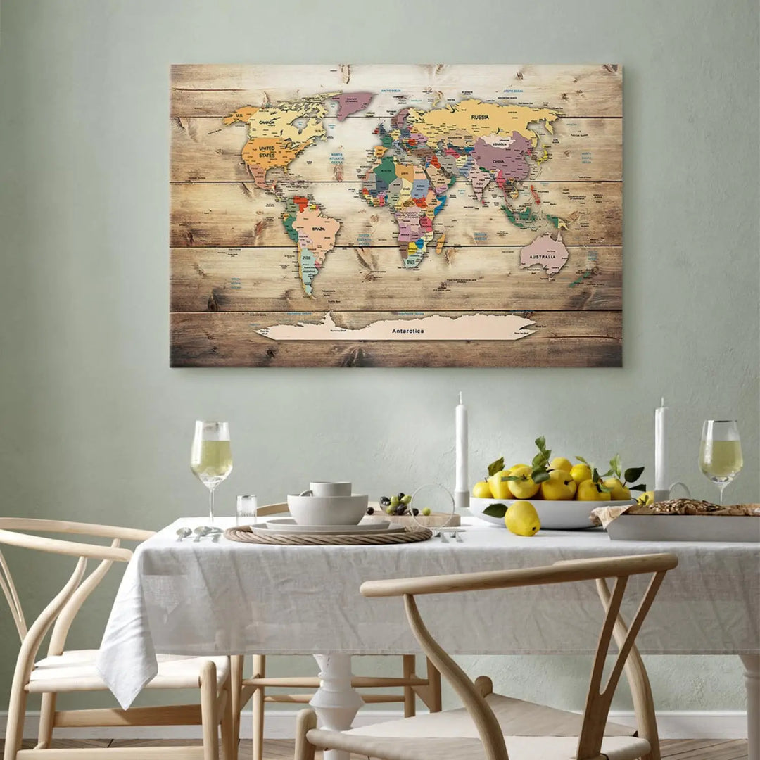 Glezna - Pasaules karte uz dabīga koka: Krāsaini kontinenti ART XL
