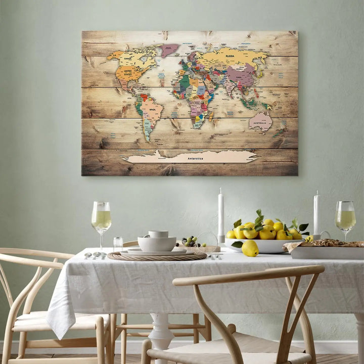Glezna - Pasaules karte uz dabīga koka: Krāsaini kontinenti ART XL