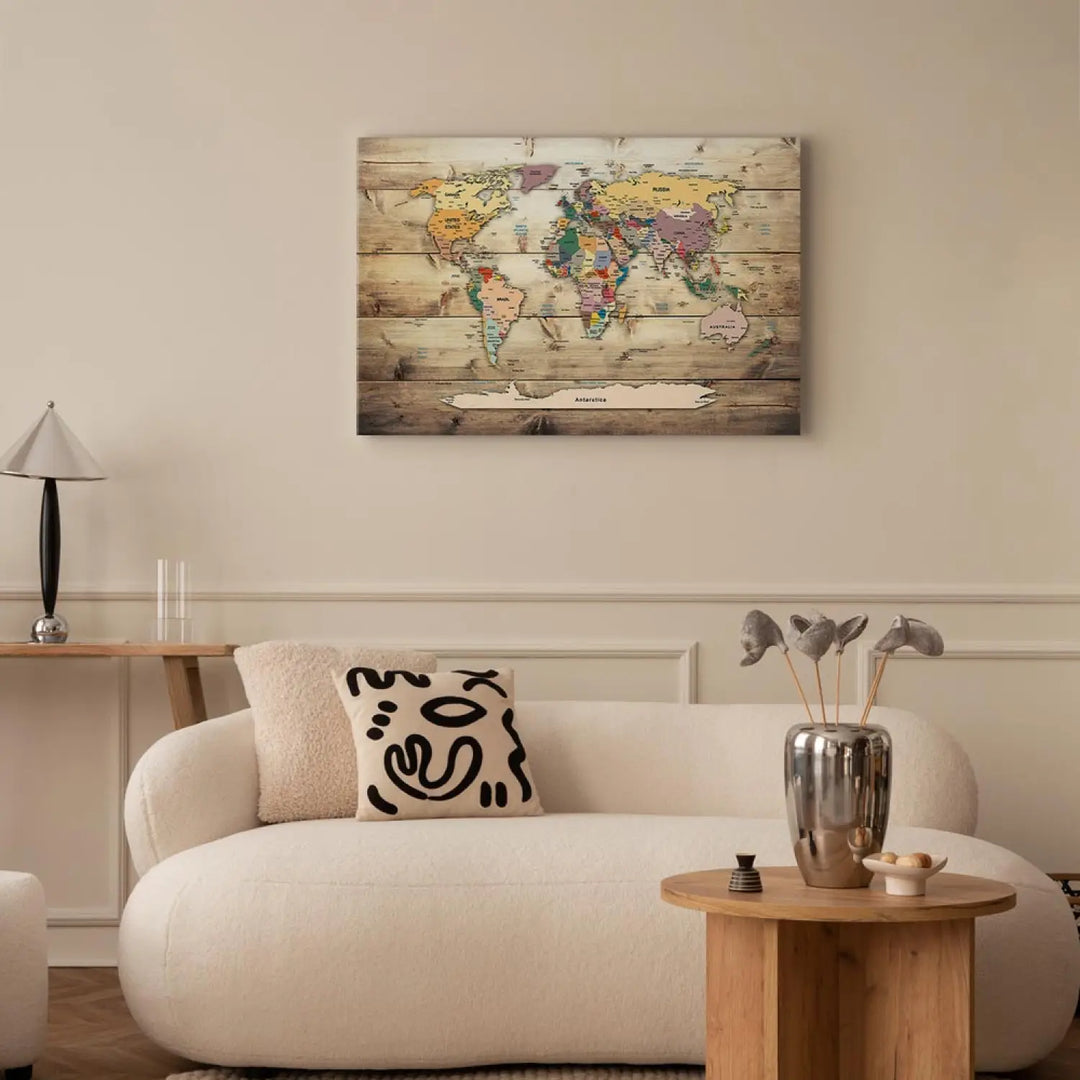 Glezna - Pasaules karte uz dabīga koka: Krāsaini kontinenti ART XL