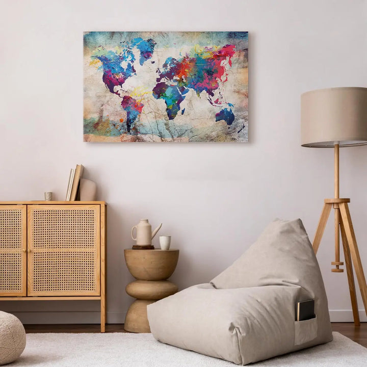 Glezna - Daudzkrāsaina pasaules karte uz abstrakta bešā/zila ART XL