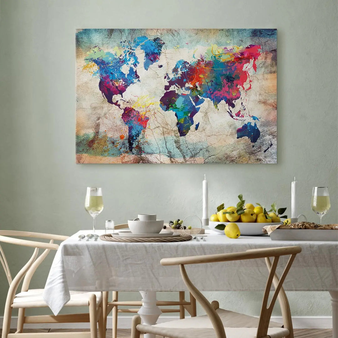 Glezna - Daudzkrāsaina pasaules karte uz abstrakta bešā/zila ART XL