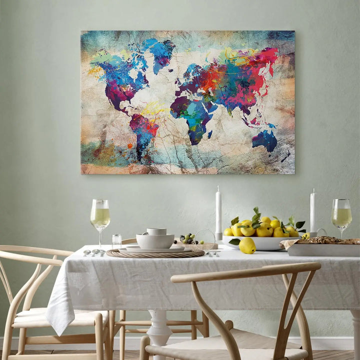 Glezna - Daudzkrāsaina pasaules karte uz abstrakta bešā/zila ART XL