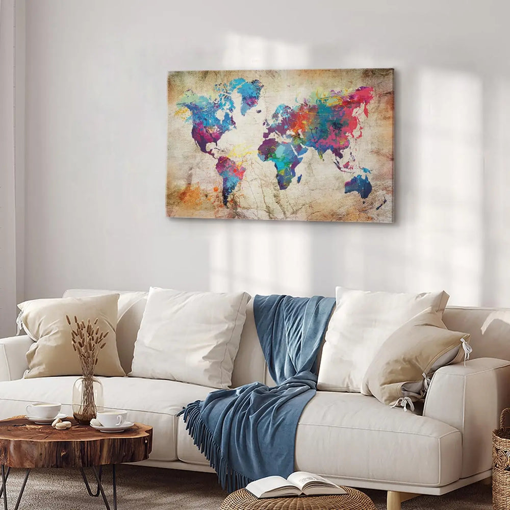 Glezna - Daudzkrāsaina pasaules karte uz beša betona tekstūras ART XL