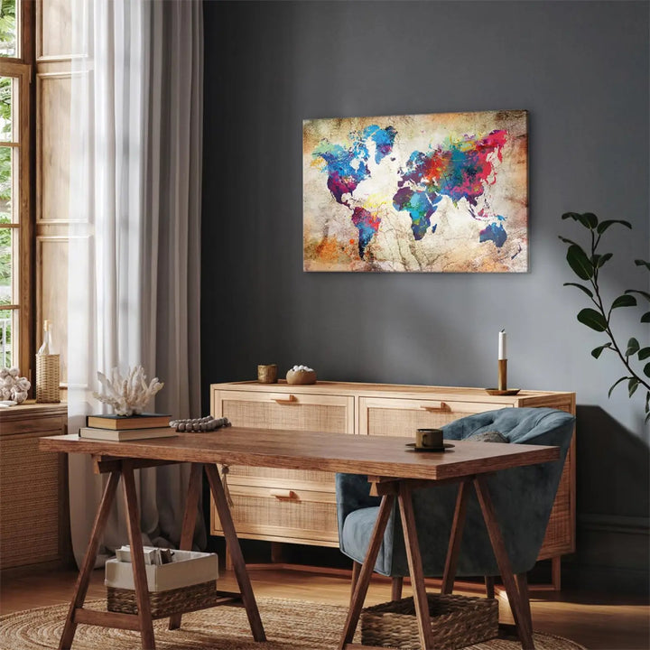 Glezna - Daudzkrāsaina pasaules karte uz beša betona tekstūras ART XL