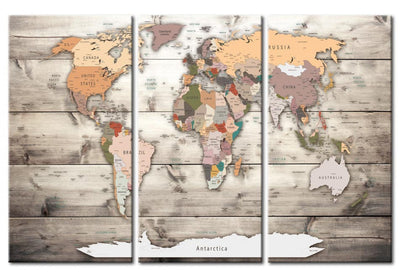 Kanva - Pasaules karte uz gaiša koka raksta - Ceļojumu vēsture (x3), 91091 G-ART.