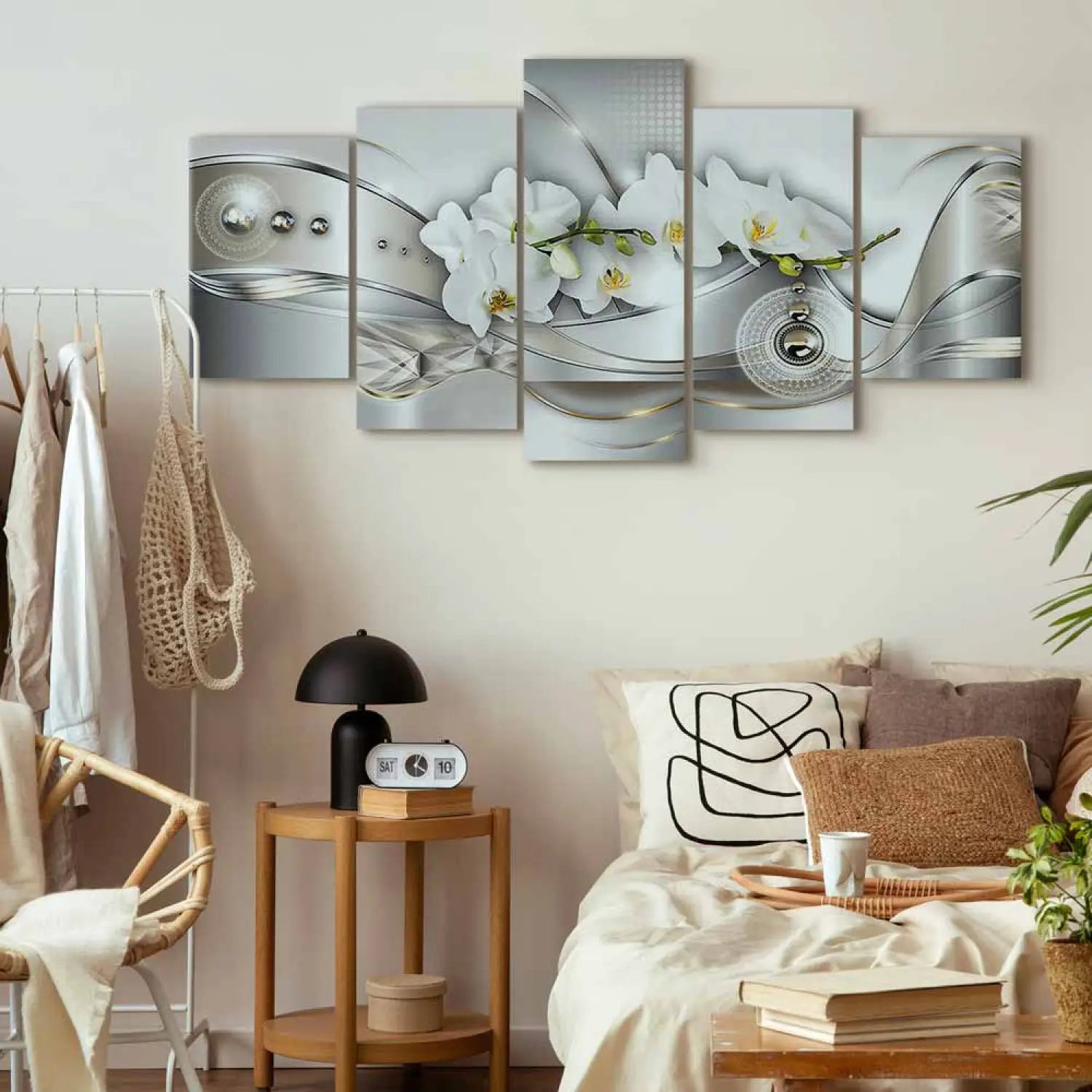 Kanva - Orhideju deja | baltas orhidejas uz pelēka fona, (x5), 50071 ART XL