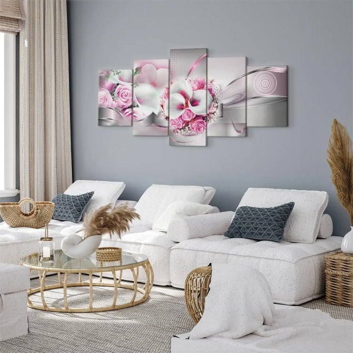 Kanva - Romantisks pušķis un abstrakts fons, pelēka, roza, 93821 ART XL