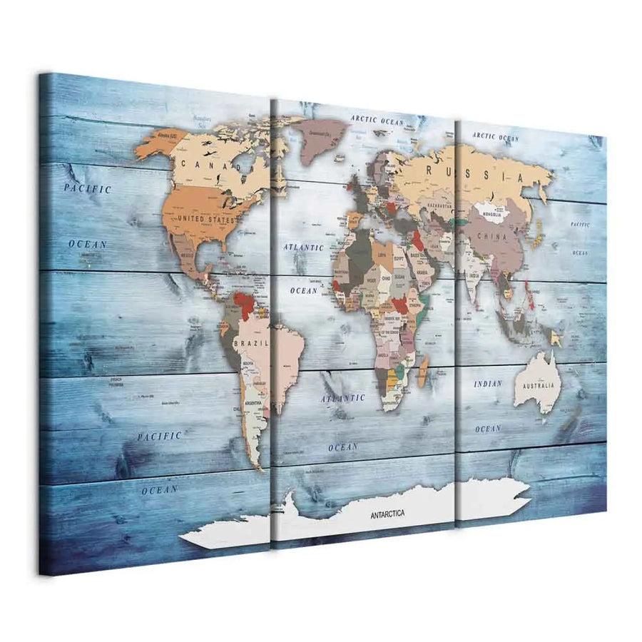 Kanva - Pasaules karte uz zila koka tekstūras - Safīra ceļojumi ART XL