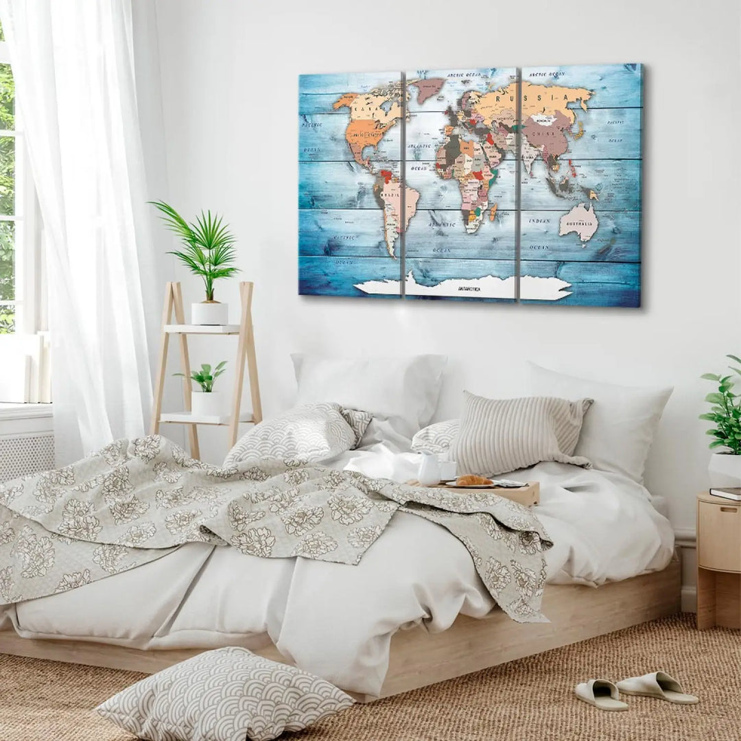 Kanva - Pasaules karte uz zila koka tekstūras - Safīra ceļojumi ART XL