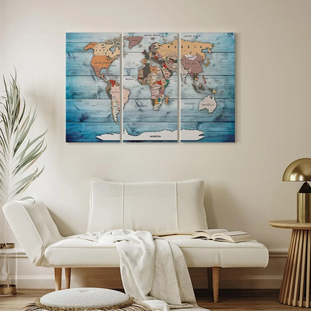 Kanva - Pasaules karte uz zila koka tekstūras - Safīra ceļojumi ART XL