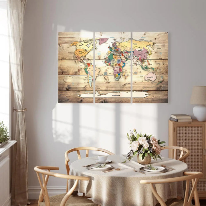 Kanva - Pasaules karte uz bēša koka tekstūras - Sapņu karte ART XL