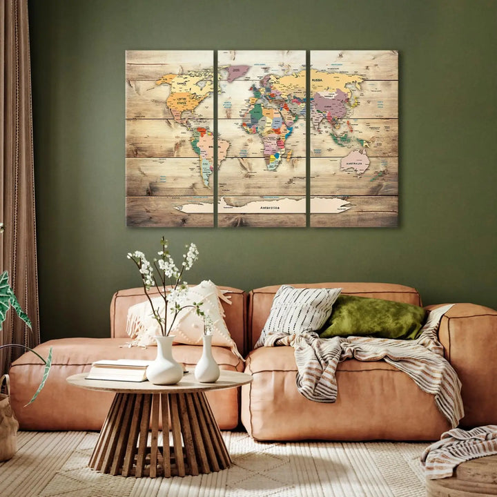 Kanva - Pasaules karte uz bēša koka tekstūras - Sapņu karte ART XL