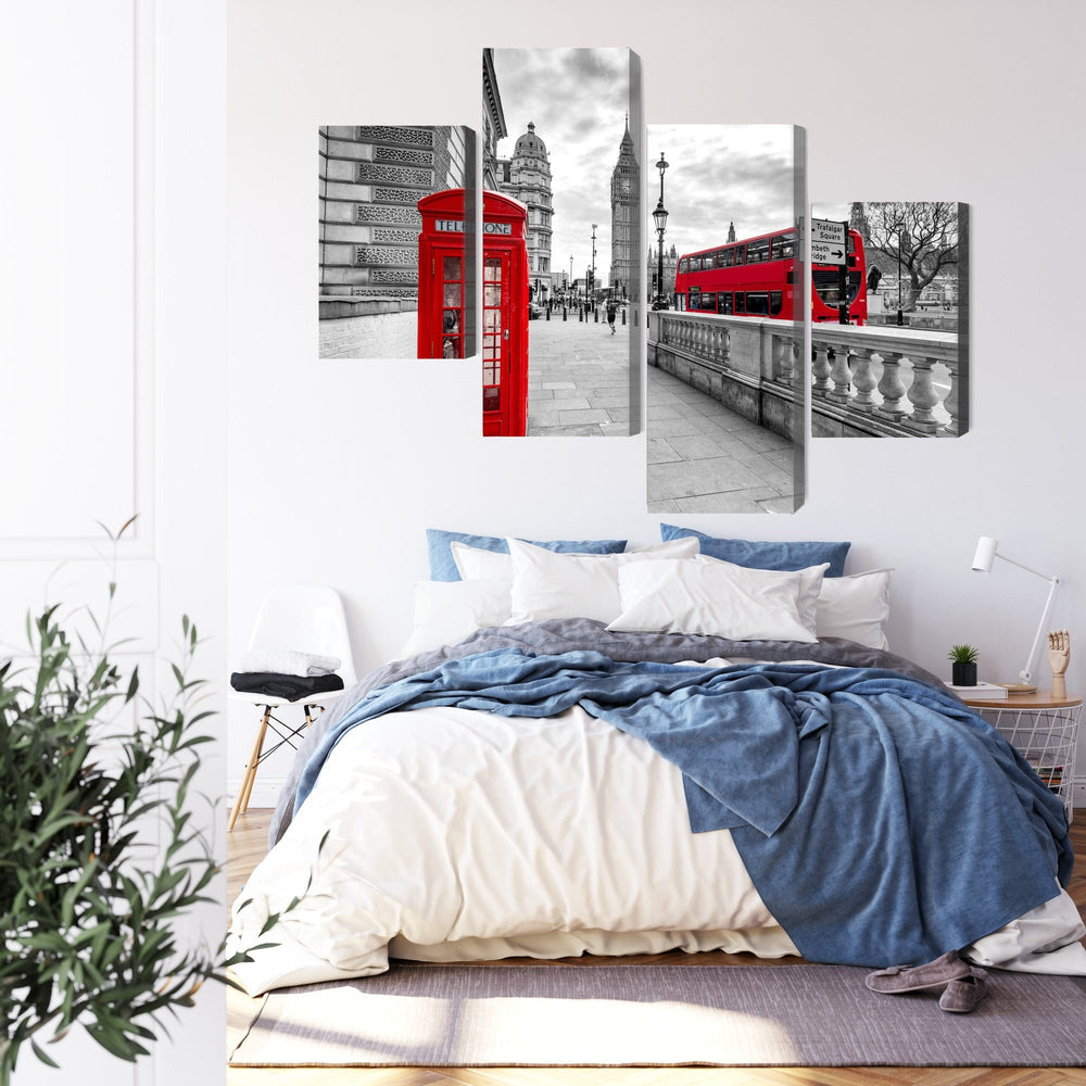 4 daļu kanva: Londona, melnbalta/sarkana X-ART