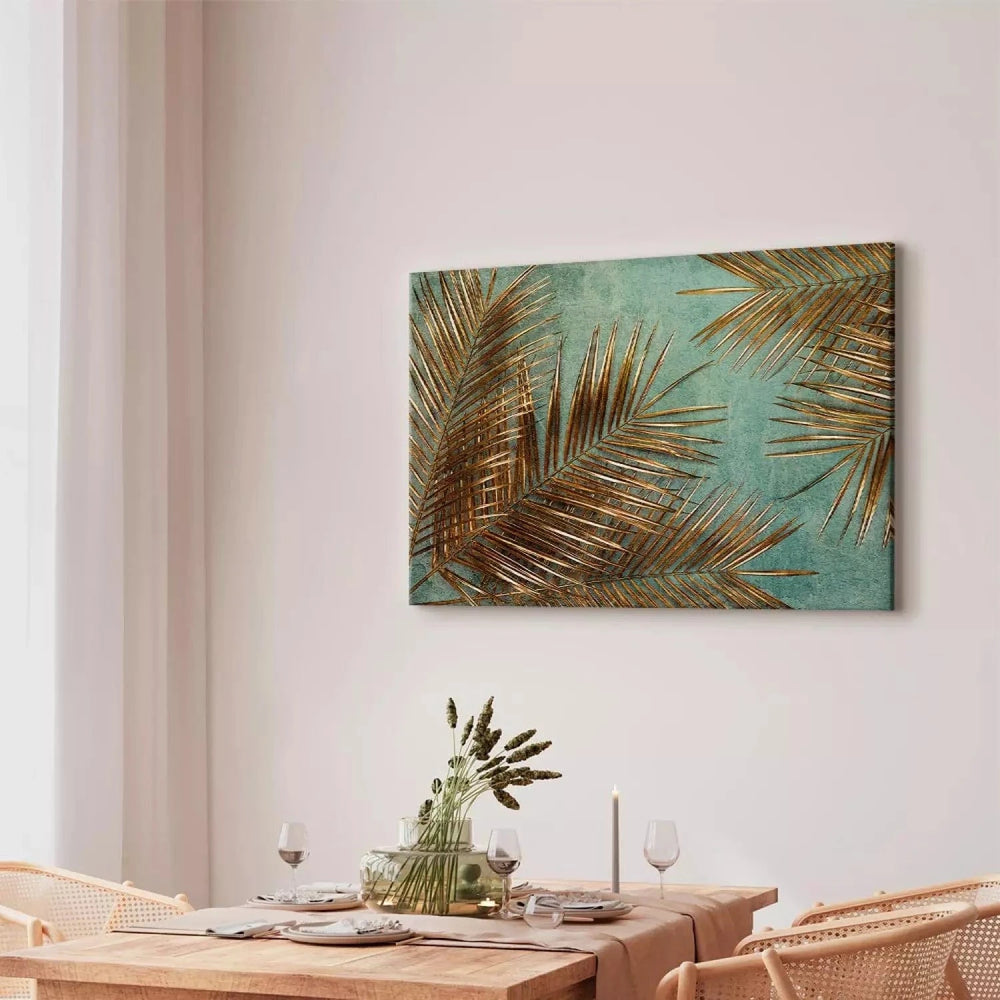 Kanva - Saulainā palma – eksotiskas zelta lapas, tirkīza, zeltā krāsā ART XL