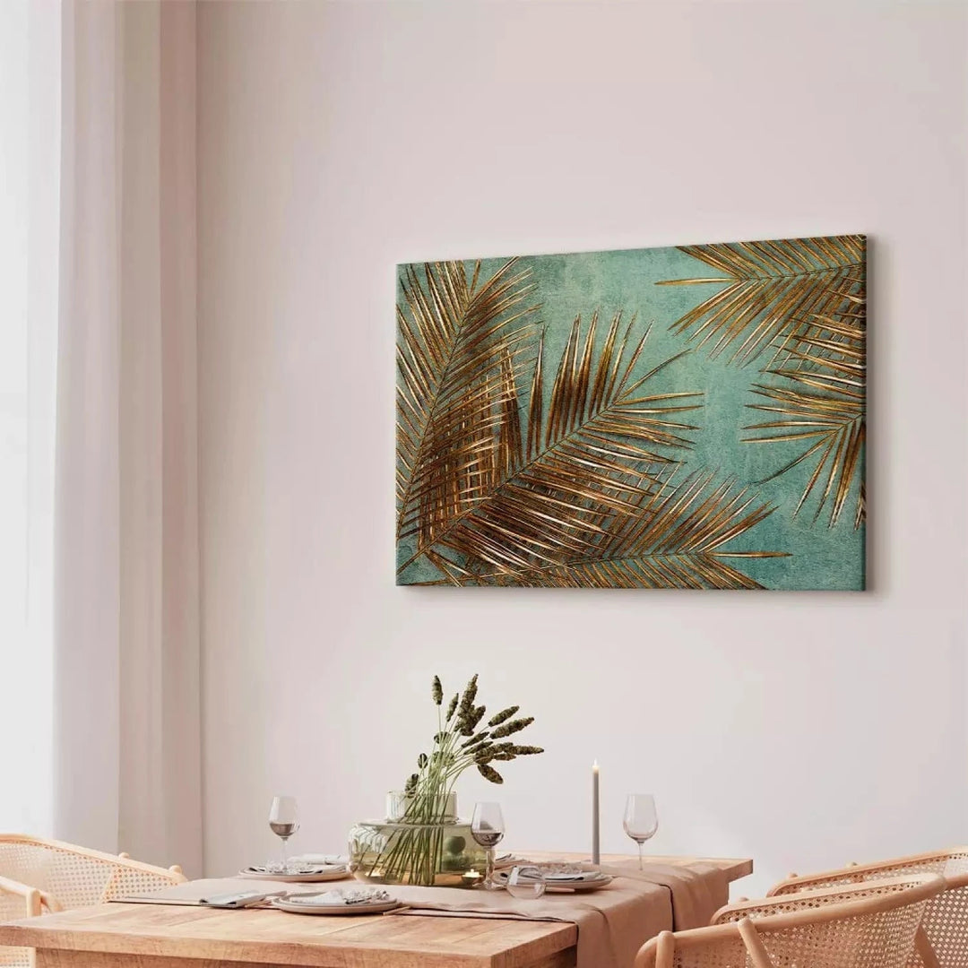Kanva - Saulainā palma – eksotiskas zelta lapas, tirkīza, zeltā krāsā ART XL