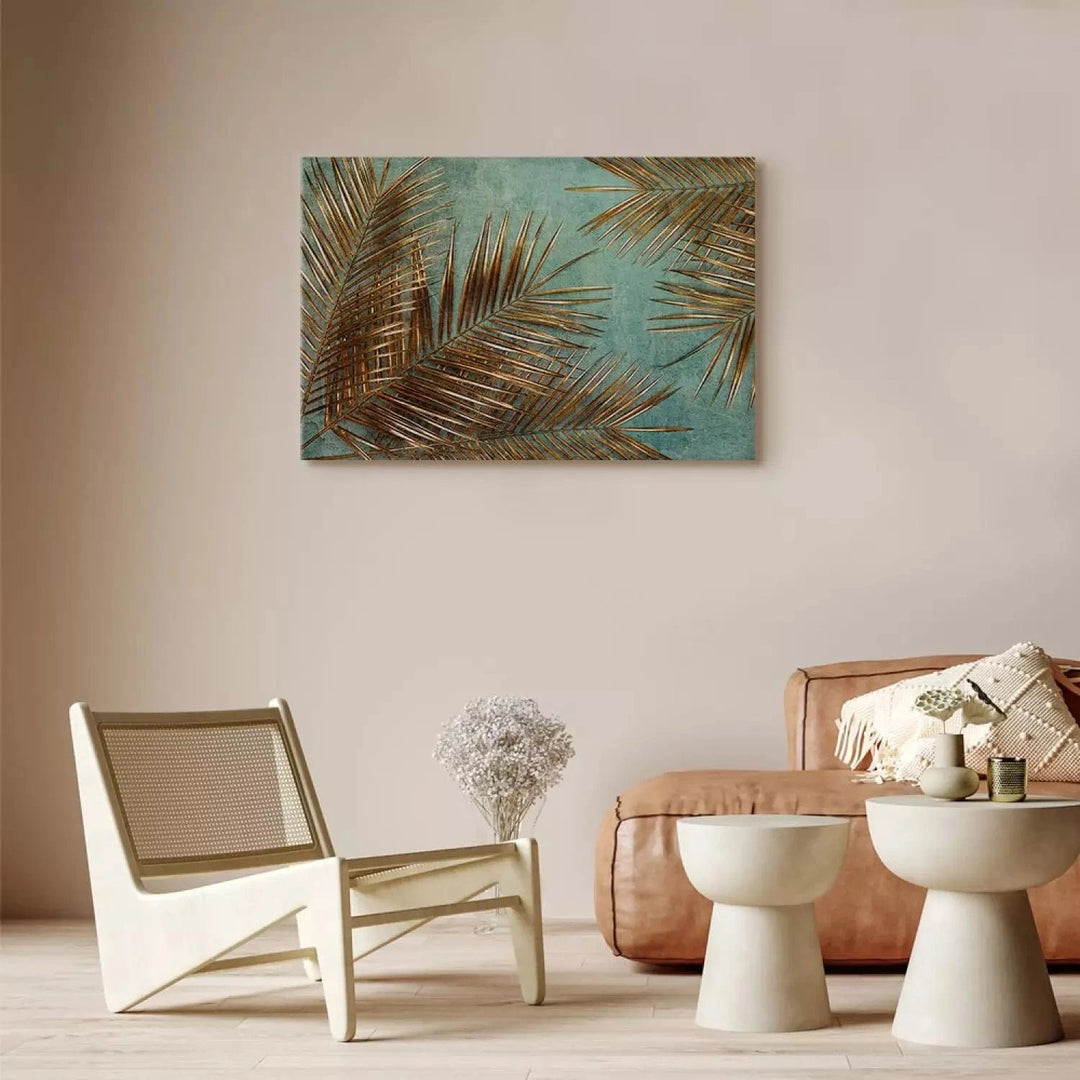 Kanva - Saulainā palma – eksotiskas zelta lapas, tirkīza, zeltā krāsā ART XL